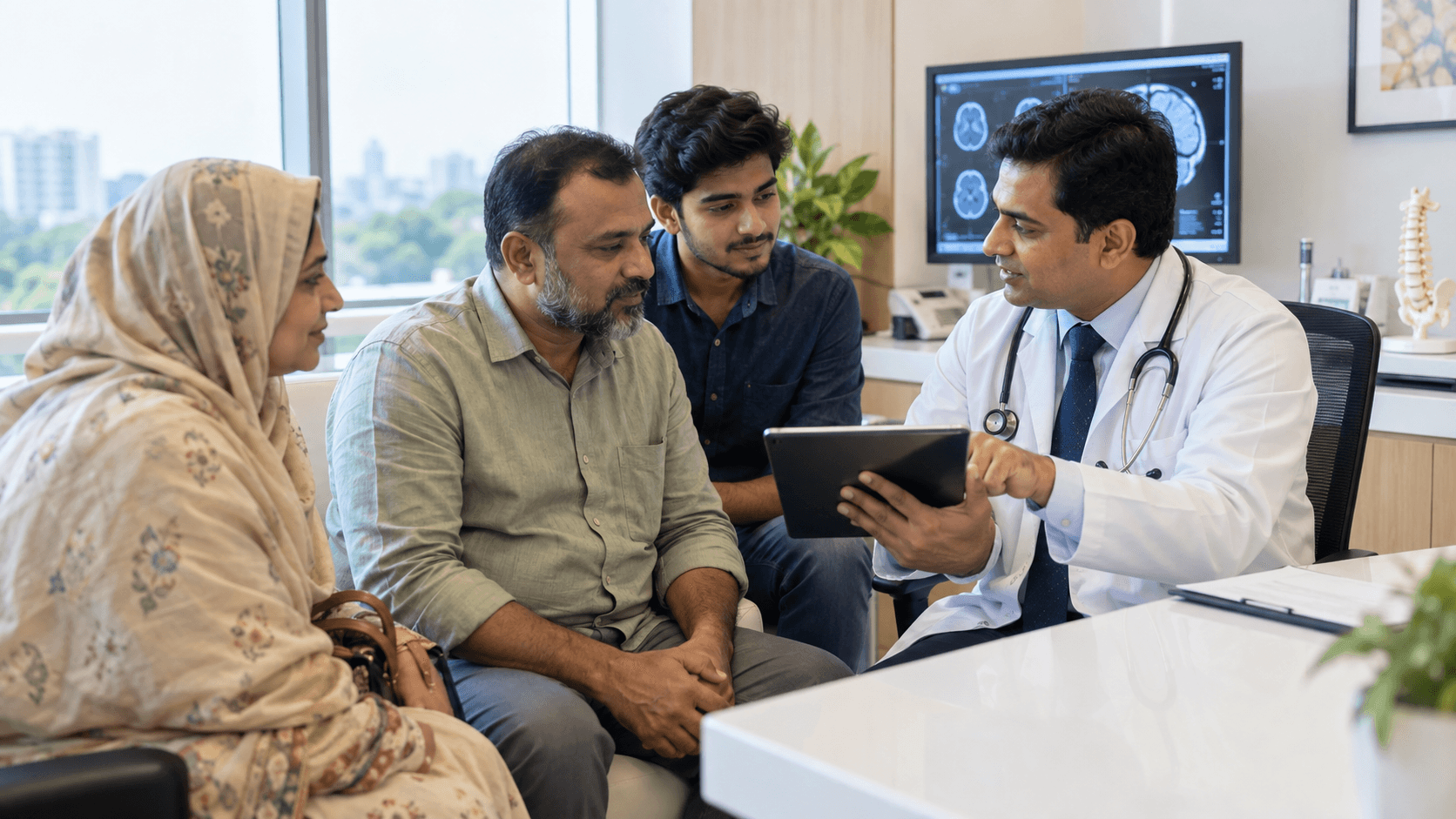 Doctor reviewing treatment options with a Bangladeshi family in India