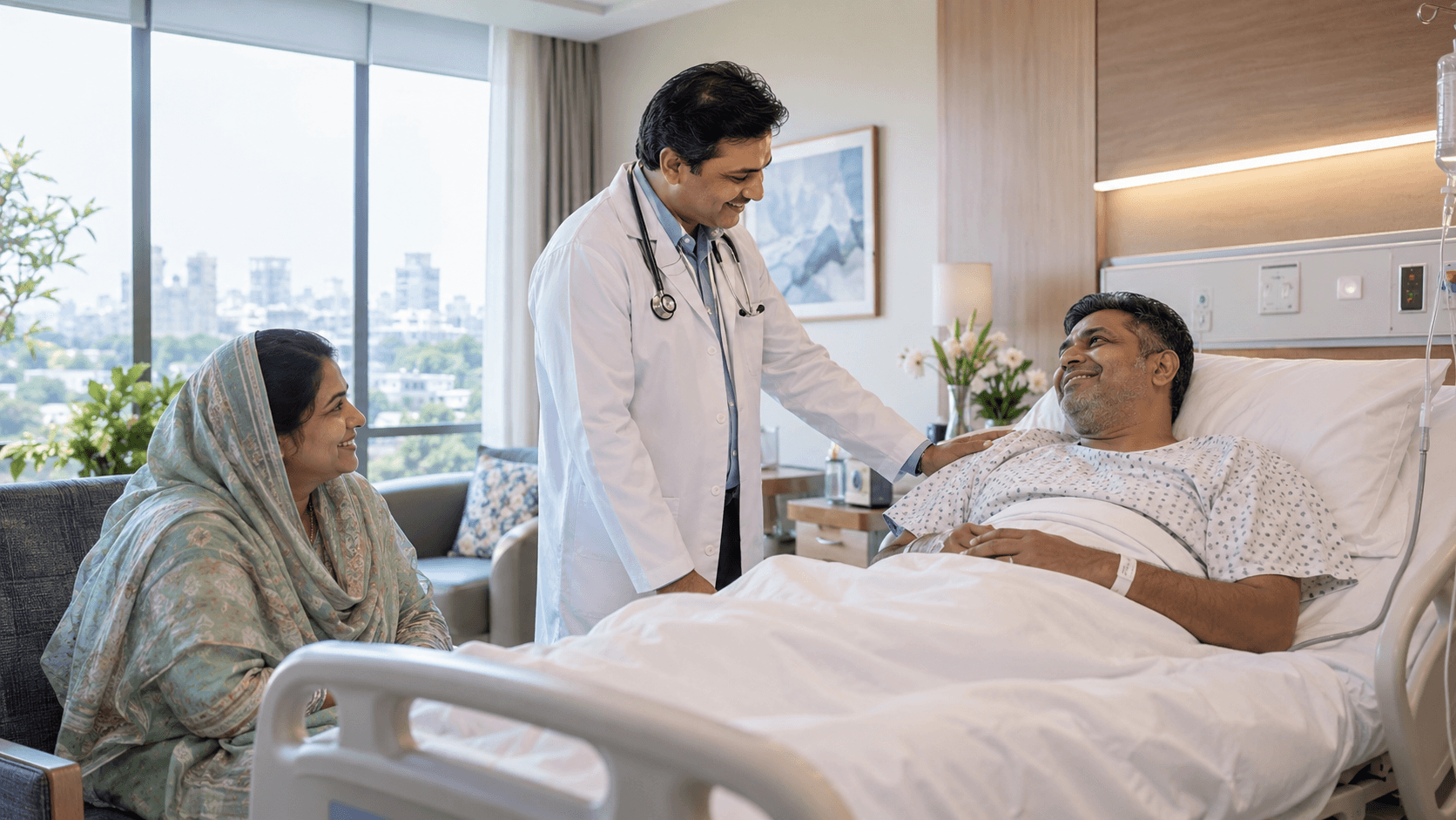 Doctor supporting a patient and attendant during treatment in India